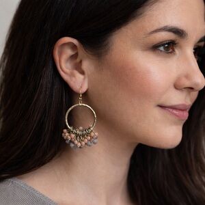 Gold Tone Beaded Hoop Earrings Pink Gray Dangle Cluster Boho Dillard’s